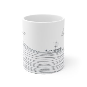 May include: White ceramic mug with a black and white illustration of a ship sailing on a wavy line pattern. The text "be" is on the right side of the mug and "peace" is on the left side.