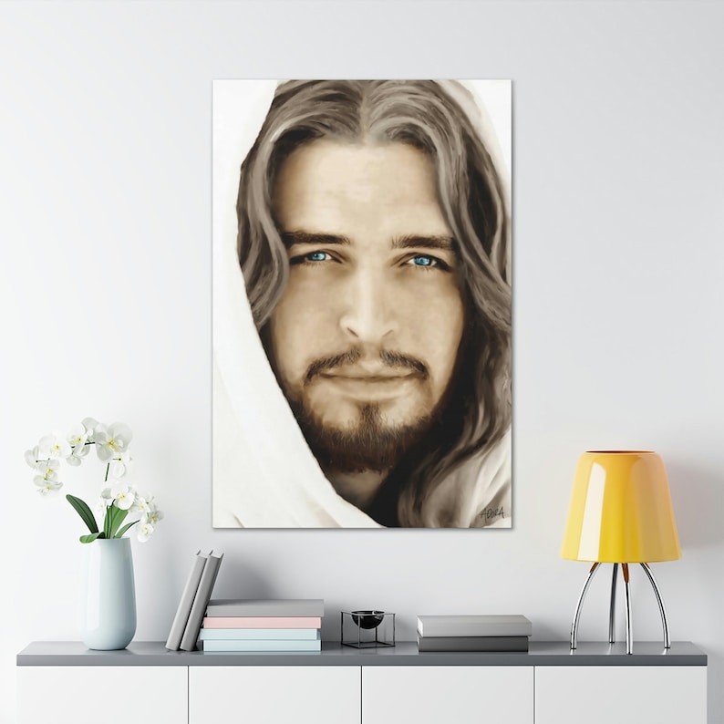 May include: A close-up portrait of a man with long brown hair and a white robe. He has a beard and blue eyes. The image is painted in a realistic style.