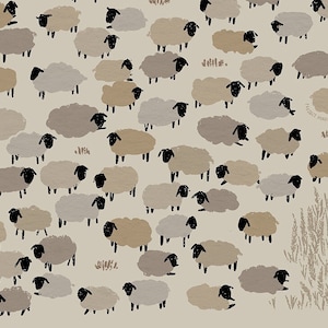 Puede incluir: Una ilustraci&oacute;n digital de una manada de ovejas en varios tonos de marr&oacute;n y gris, con contornos negros, sobre un fondo beige claro.
