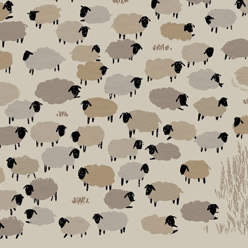 Puede incluir: Una ilustraci&oacute;n digital de una manada de ovejas en varios tonos de marr&oacute;n y gris, con contornos negros, sobre un fondo beige claro.