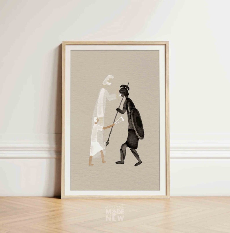 David and Goliath DIGITAL DOWNLOAD, Christian Modern Bible Art, Bible Story Wall Art, Jesus print, Bible Sketches, Christian Watercolor Gift