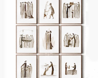 Set of 9 Framed Christian Watercolor Prints, Bible Art