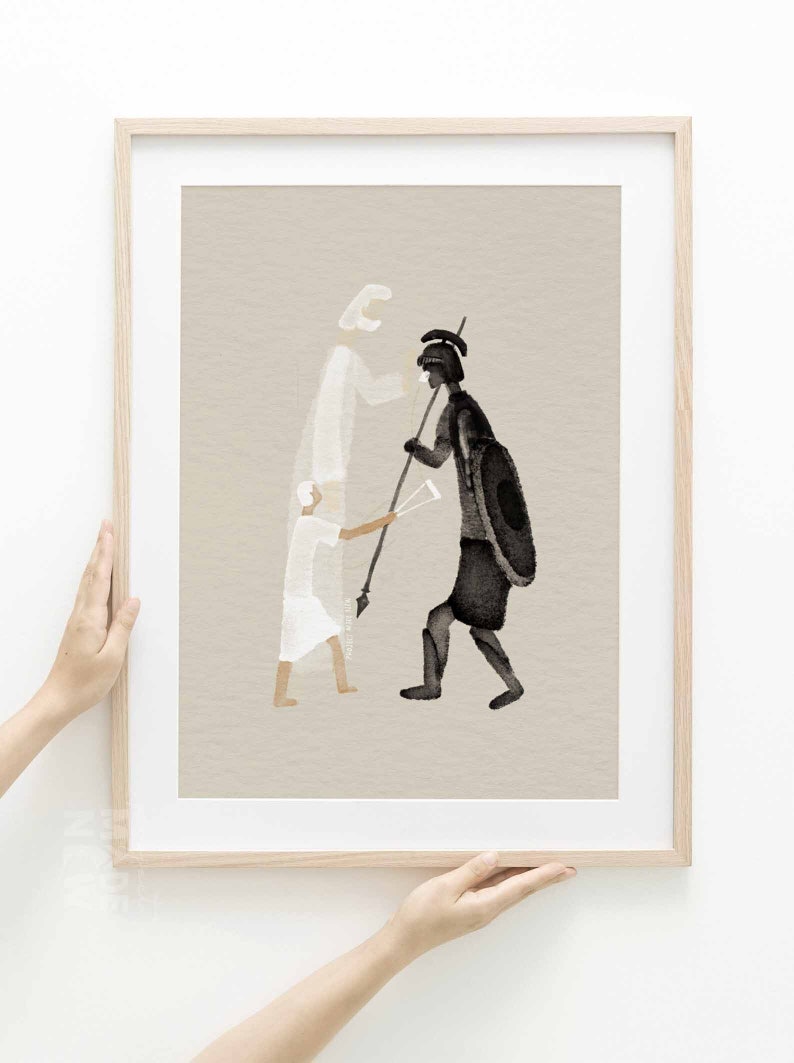 David and Goliath DIGITAL DOWNLOAD, Christian Modern Bible Art, Bible Story Wall Art, Jesus print, Bible Sketches, Christian Watercolor Gift