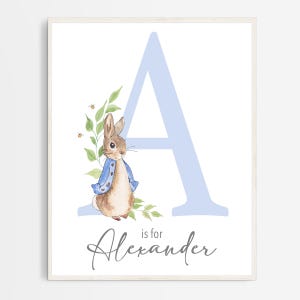 Impresión inicial con monograma inspirado en Peter Rabbit / Rosa o azul / Descarga digital / Letra para el nombre de la habitación de un bebé / Imagen para dormitorio / Imprimible