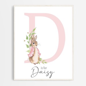 May include: A pink letter D with a watercolour illustration of a brown rabbit wearing a pink jacket and surrounded by green leaves. The text "is for Daisy" is written below the letter.