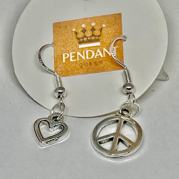 Peace and Love Dangle Drop Boucles d’oreilles Argent Sterling 925 Loops