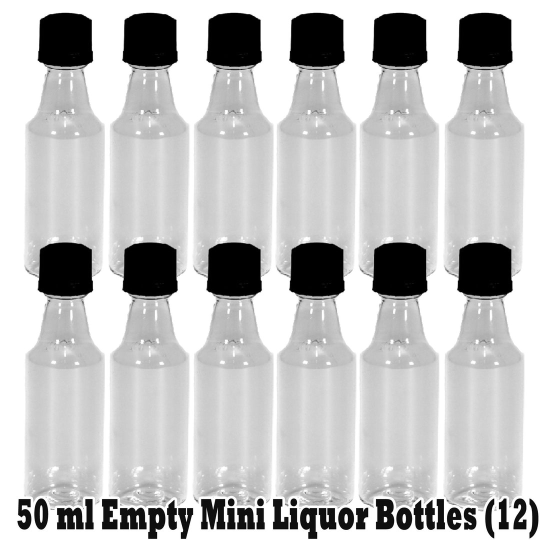 Round Mini Liquor Bottles Shots Black Caps, 12 Pcs for Party Favors