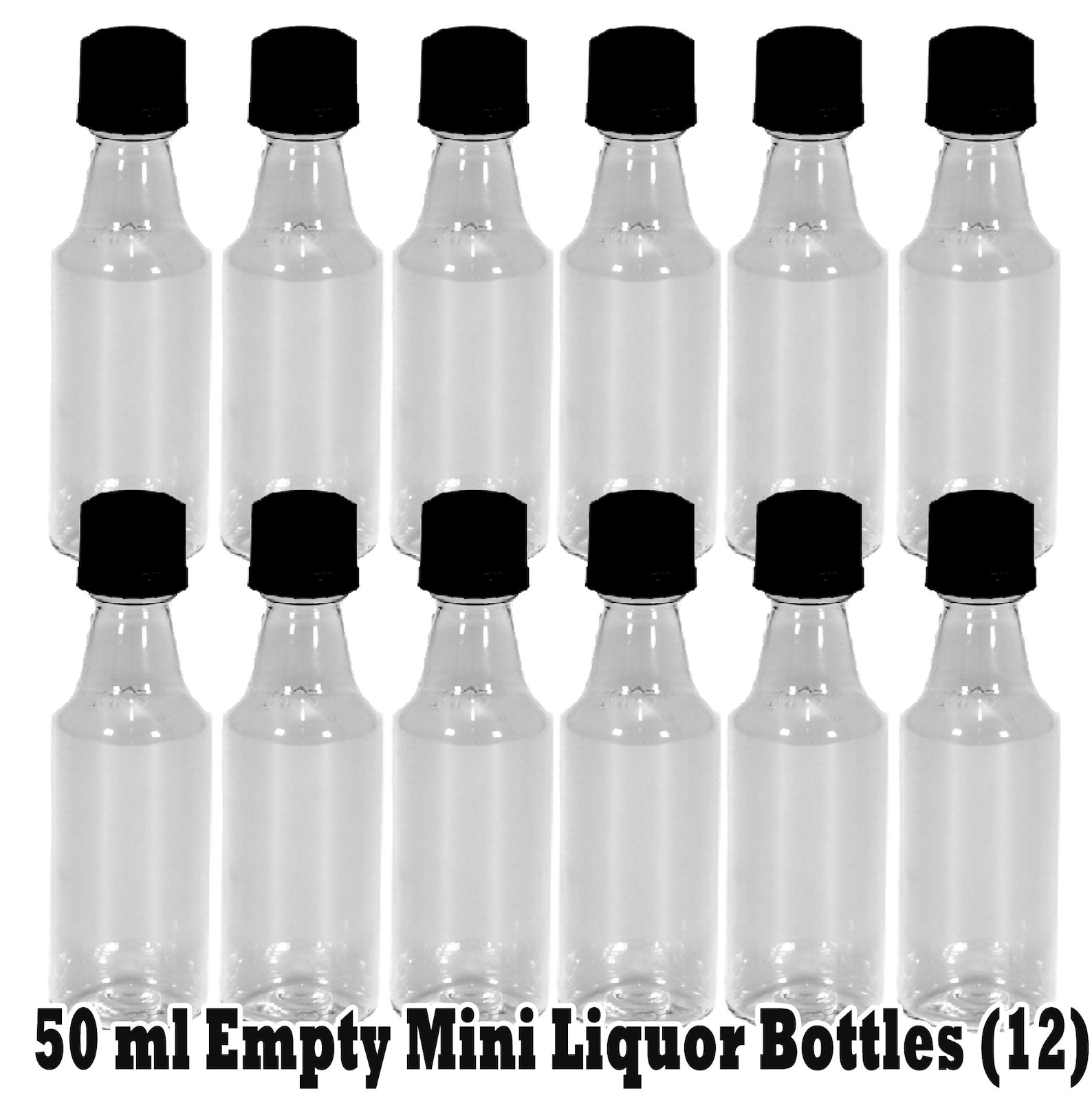 Round Mini Liquor Bottles Shots Black Caps, 12 Pcs for Party Favors