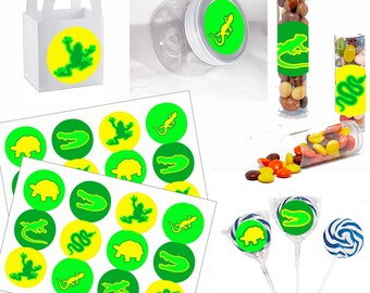 May include: A set of green and yellow round stickers featuring various animal silhouettes, including a turtle, alligator, frog, lizard, and snake. The stickers are designed for party favors, gifts, or crafts.