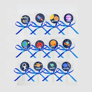 Journey into Space Lollipops with Blue Satin Ribbon Bows Rocket Spaceship Galaxy Party Favors Candy Buffet Giveaways Cupcake Topper Option