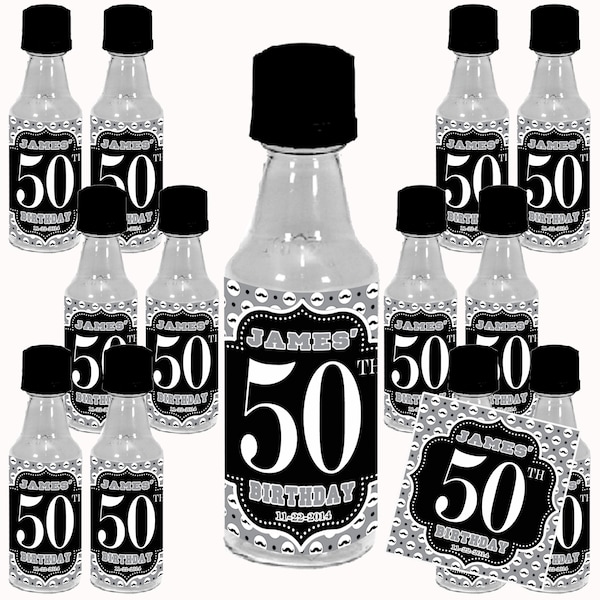 Autocollants personnalisés Mini Liquor Bottle Labels, Masculin Black & White, 6 options d’arrière-plan 3 « x 1.75 » Matte Pre-cut Stickers pour 50 ml, 12 pcs