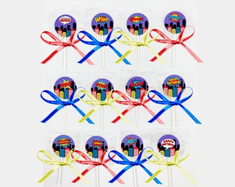 Super Hero Phrases Pop Art Phrases Lollipops with Red, Blue and Yellow Satin Ribbon Bows Party Favors Candy Buffet Giveaways Cupcake Topper