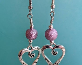 Heart Swirl Dangle  Earrings. Pink Beaded Hook Earrings. Nickel Free Earrings. Bohemian Jewelry. Fashion Jewelry