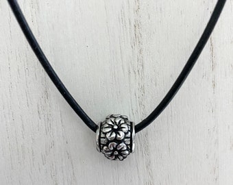 Beaded Leather Necklace. Stainless Steel Bead Necklace. Floral Beaded  Necklace. Stainless Steel Pendant. Gift for her.
