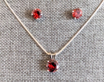 Garnet CZ Silver Necklace and Earring Set. Sterling Silver Necklace Set. Birthstone Jewelry Set. Gift for her. Garnet  Necklace Set.