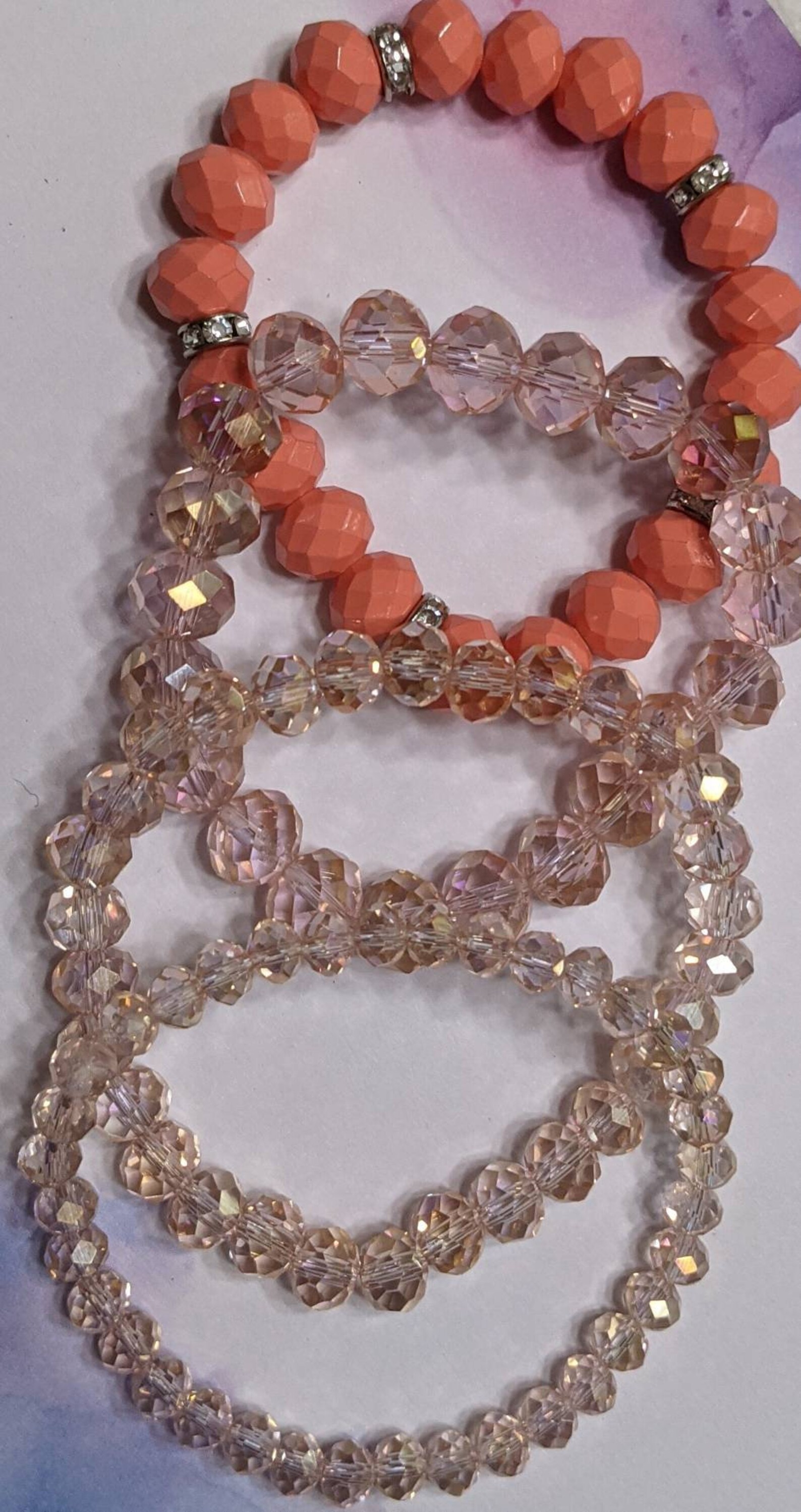 Peach Colored Beaded Stretch Bracelet. Faceted Beaded Etsy