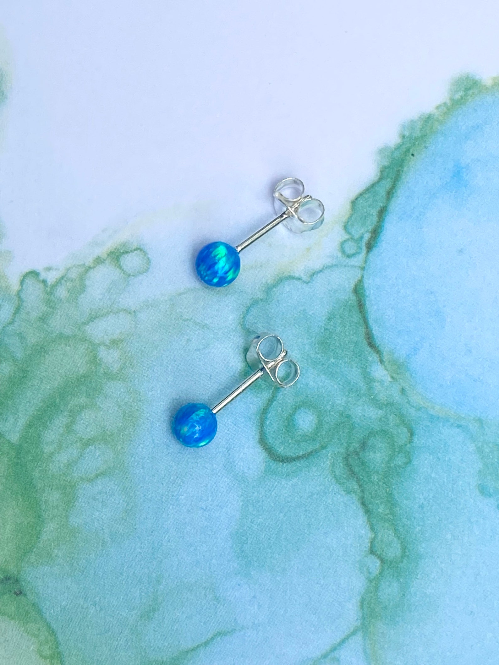 Blue Opal Ball Earrings. Blue Opal Studs. Sterling Silver Etsy