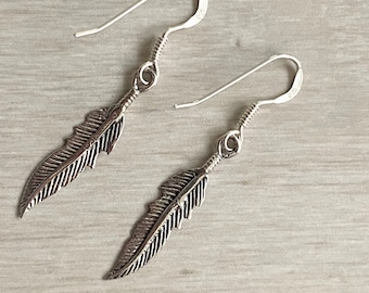 Feather Dangle  Earrings. Feather Earrings. 38 mm Hook Earrings. 925 Sterling Silver Earrings. Bohemian Jewelry.