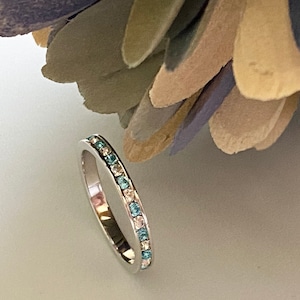 Aquamarine and Clear Crystal Sterling Silver Ring. Silver Stackable Band Ring. Blue and Clear Crystal Ring. Minimalist Ring. Gift for her.