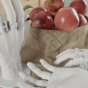 May include: A still life composition featuring a burlap sack overflowing with ripe, red apples. The apples are the focal point, with their vibrant color contrasting against the neutral tones of the sack. White, sculpted hands with rings are in the foreground.