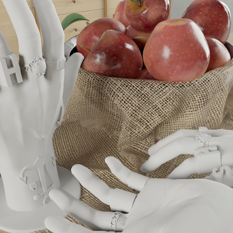 May include: A still life composition featuring a burlap sack overflowing with ripe, red apples. The apples are the focal point, with their vibrant color contrasting against the neutral tones of the sack. White, sculpted hands with rings are in the foreground.