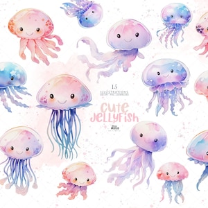 Baby Qualle Clipart, Aquarell Unterwassertiere, niedliche Meeresbewohner, Unterwasser Babyparty, Ozean, PNG, Kinderzimmer Kunst