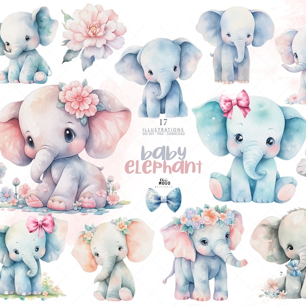 Boho Baby Elephant Clipart, floral crown, Watercolor Nursery Art Elephant Baby Shower, Sublimation Design, Birthday Party Nursery Decor/ PNG