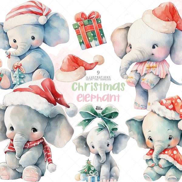 Christmas Baby Elephant Clipart, Watercolor Nursery Art, PNG, santa hat, cute baby Christmas animals, kids, holiday, Christmas nursery decor