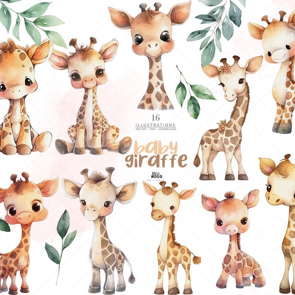 Baby Giraffe Clipart, Watercolor Nursery Art, Baby Shower, Cute Safari Animals Birthday Decor / PNG