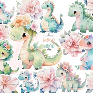 Boho Baby Dinosaur Clipart, Watercolor Nursery Art, Cute Neutral Dinos, baby shower, Dinosaur PNG, Birthday Party, Nursery Decor
