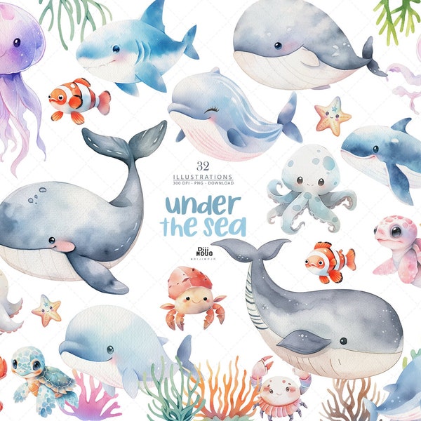 Sea Animals Watercolor Clipart, Baby Shower, Ocean Animals, Octopus, Jellyfish, Turtle, Whale, Dolphin, Seaweed, Kids Birthday Nursery Decor