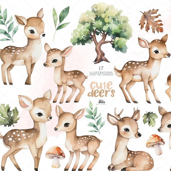 Baby Deer Watercolor Clipart, Nursery Art, Baby Shower, Woodland Birthday Animals, Baby Fawn, Nursery Decor, Cute Deer / PNG