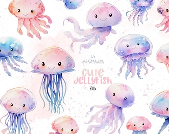 Baby Jellyfish Clipart, Watercolor Undersea Animals, Cute Sea Creatures, Underwater Baby Shower, Ocean, PNG, Nursery Art