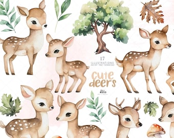 Baby Deer Watercolor Clipart: Woodland Nursery Art (PNG Digital Download)