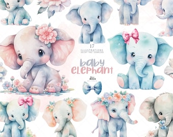 Watercolor Baby Elephant Clipart: Floral Crown, Nursery Art (PNG/Digital Download)