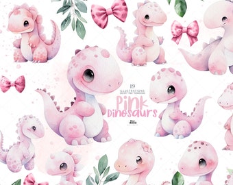 Pink Baby Girl Dinosaur Clipart, Watercolor Boho Dino PNG, Baby Shower & Nursery Decor