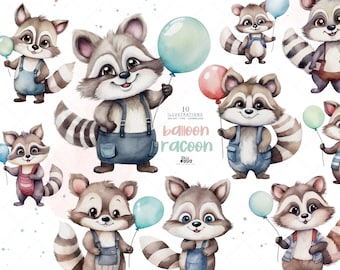 Watercolor Raccoon Clipart: Baby Birthday Balloons (PNG Digital Download)
