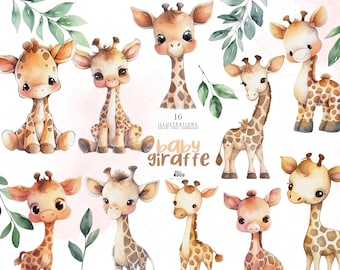 Baby Giraffe Clipart, Watercolor Nursery Art, Baby Shower, Cute Safari Animals Birthday Decor / PNG