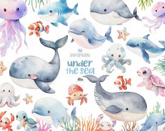 Sea Animals Watercolor Clipart, Baby Shower, Ocean Animals, Octopus, Jellyfish, Turtle, Whale, Dolphin, Seaweed, Kids Birthday Nursery Decor