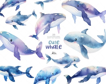 Watercolor Whale Clipart, Ocean Animal PNG (Digital Download)
