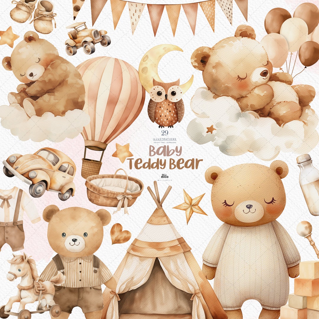 Boho Watercolor Teddy Bear Clipart, Baby Shower & Nursery Decor PNG - Etsy