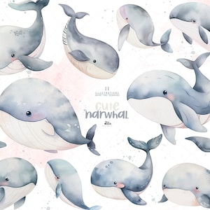 Niedlicher Narwal Aquarell Clipart, Wal, Meerestiere Png, Unterwasser, Meerestiere, Ozean, Babyparty, Nautische Kinderzimmerkunst