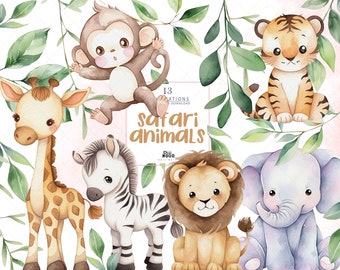 Baby Safari Animals, Watercolor Clipart, Baby Shower, Lion, Tiger, Giraffe, Zebra, Monkey, Elephant, Cute Jungle Animals, PNG, Nursery Decor