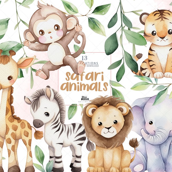 Baby Safari Tiere, Aquarell Clipart, Babyparty, Löwe, Tiger, Giraffe, Zebra, Affe, Elefant, niedliche Dschungeltiere, PNG, Kinderzimmer Dekor