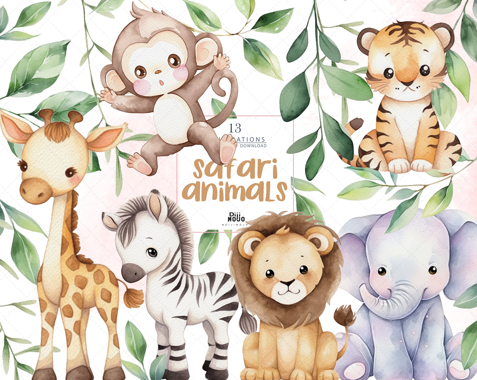 Watercolor Safari Animals Clipart: Jungle Nursery Decor (PNG Digital Download)