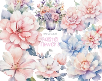 Pastel Baby Shower Floral Clipart, Pink & Blue Watercolor Flowers, Nursery Decor PNG