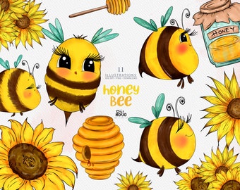 Bee and Honey Clipart - Watercolor Bees, Honeycombs, and Flowers PNG