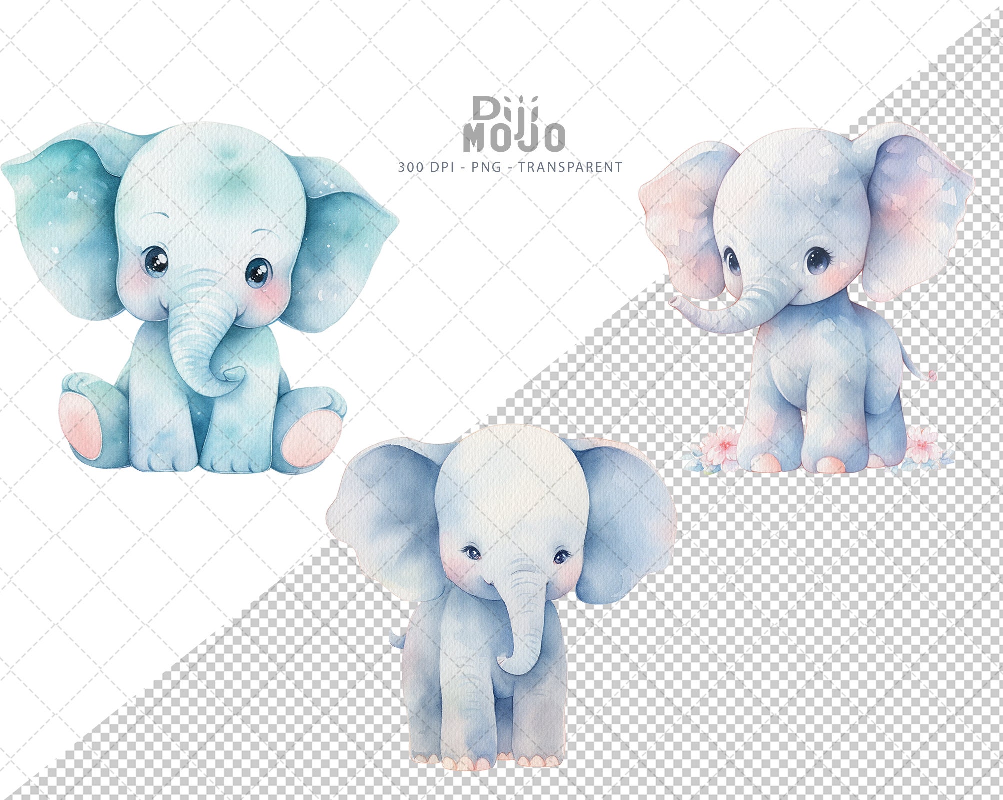 Boho Baby Elephant Clipart Floral Crown Watercolor Nursery - Etsy