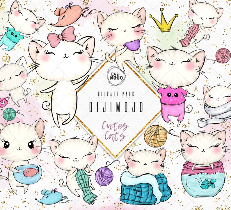 May include: A digital clipart pack of cute cats in various poses. The cats are white with pink cheeks and black eyes. They are wearing different outfits, including a pink dress, a blue scarf, and a white blanket. The clipart pack is perfect for adding a touch of whimsy to your projects.