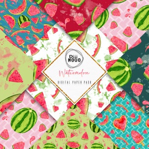 Watercolor Watermelon Digital Paper Pack - Summer Fruit Scrapbook, Seamless Picnic Paper, Watermelon Fabric Pattern, Commercial Use